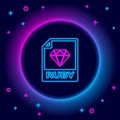 Glowing neon line RUBY file document. Download ruby button icon isolated on black background. RUBY file symbol. Colorful