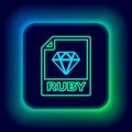 Glowing neon line RUBY file document. Download ruby button icon isolated on black background. RUBY file symbol. Colorful