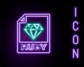 Glowing neon line RUBY file document. Download ruby button icon isolated on black background. RUBY file symbol. Colorful