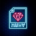 Glowing neon line RUBY file document. Download ruby button icon isolated on brick wall background. RUBY file symbol