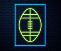 Glowing neon line Rugby ball icon isolated on brick wall background. Vector Illustration