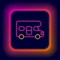 Glowing neon line RV motorhome vehicle icon isolated on black background. Camper mobile home, mobile home for summer