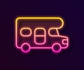 Glowing neon line RV motorhome vehicle icon isolated on black background. Camper mobile home, mobile home for summer