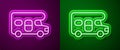 Glowing neon line RV motorhome vehicle icon isolated on purple and green background. Camper mobile home, mobile home for