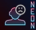 Glowing neon line Sad and depressed man, bad mood icon isolated on black background. Colorful outline concept. Vector Royalty Free Stock Photo