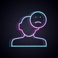 Glowing neon line Sad and depressed man, bad mood icon isolated on black background. Vector Royalty Free Stock Photo