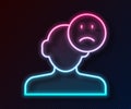 Glowing neon line Sad and depressed man, bad mood icon isolated on black background. Vector Royalty Free Stock Photo