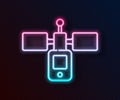 Glowing neon line Satellite icon isolated on black background. Vector
