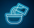 Glowing neon line Saucepan icon isolated on blue background. Cooking pot. Boil or stew food symbol. Vector Royalty Free Stock Photo
