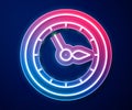 Glowing neon line Sauna clock icon isolated on blue background. Sauna timer. Vector