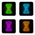 Glowing neon line Sauna hourglass icon isolated on white background. Sauna timer. Black square button. Vector Royalty Free Stock Photo