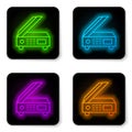 Glowing neon line Scanner icon isolated on white background. Scan document, paper copy, print office scanner. Black