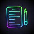 Glowing neon line Scenario icon isolated on black background. Script reading concept for art project, films, theaters