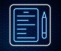 Glowing neon line Scenario icon isolated on brick wall background. Script reading concept for art project, films