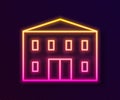 Glowing neon line School building icon isolated on black background. Vector Illustration