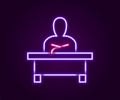 Glowing neon line Schoolboy sitting at desk icon isolated on black background. Colorful outline concept. Vector
