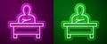 Glowing neon line Schoolboy sitting at desk icon isolated on purple and green background. Vector