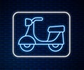 Glowing neon line Scooter icon isolated on brick wall background. Vector