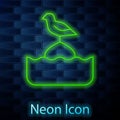 Glowing neon line Seagull sits on a buoy in the sea icon isolated on brick wall background. Vector Royalty Free Stock Photo