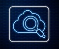 Glowing neon line Search cloud computing icon isolated on brick wall background. Magnifying glass and cloud. Vector Royalty Free Stock Photo