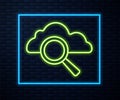 Glowing neon line Search cloud computing icon isolated on brick wall background. Magnifying glass and cloud. Vector Royalty Free Stock Photo