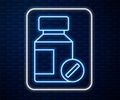 Glowing neon line Sedative pills icon isolated on brick wall background. Vector