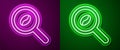 Glowing neon line Selection coffee beans icon isolated on purple and green background. Vector Illustration