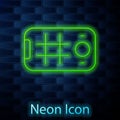 Glowing neon line Selfie on mobile phone icon isolated on brick wall background. Vector Royalty Free Stock Photo