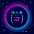 Glowing neon line September calendar autumn icon isolated on black background. Colorful outline concept. Vector Royalty Free Stock Photo