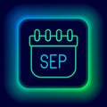 Glowing neon line September calendar autumn icon isolated on black background. Colorful outline concept. Vector Royalty Free Stock Photo