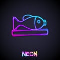 Glowing neon line Served fish on a plate icon isolated on black background. Vector