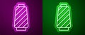 Glowing neon line Sewing thread on spool icon isolated on purple and green background. Yarn spool. Thread bobbin. Vector