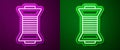 Glowing neon line Sewing thread on spool icon isolated on purple and green background. Yarn spool. Thread bobbin. Vector