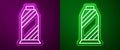 Glowing neon line Sewing thread on spool icon isolated on purple and green background. Yarn spool. Thread bobbin. Vector Royalty Free Stock Photo