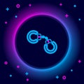 Glowing neon line Sexy fluffy handcuffs icon isolated on black background. Handcuffs with fur. Fetish accessory. Sex