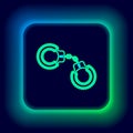 Glowing neon line Sexy fluffy handcuffs icon isolated on black background. Handcuffs with fur. Fetish accessory. Sex