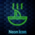 Glowing neon line Shark fin soup icon isolated on brick wall background. Vector.