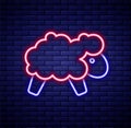 Glowing neon line Sheep icon isolated on brick wall background. Counting sheep to fall asleep. Colorful outline concept Royalty Free Stock Photo