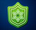 Glowing neon line Shield with Star of David icon isolated on blue background. Jewish religion symbol. Symbol of Israel. Vector Royalty Free Stock Photo