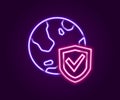 Glowing neon line Shield with world globe icon isolated on black background. Insurance concept. Security, safety Royalty Free Stock Photo