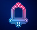 Glowing neon line Ship bell icon isolated on blue background. Vector