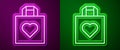 Glowing neon line Shopping bag with heart icon isolated on purple and green background. Shopping bag shop love like Royalty Free Stock Photo