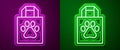 Glowing neon line Shopping bag pet icon isolated on purple and green background. Pet shop online. Animal clinic. Vector Royalty Free Stock Photo