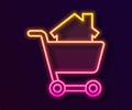 Glowing neon line Shopping cart with house icon isolated on black background. Buy house concept. Home loan concept, rent Royalty Free Stock Photo
