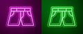 Glowing neon line Short or pants icon isolated on purple and green background. Vector