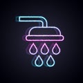 Glowing neon line Shower head with water drops flowing icon isolated on black background. Vector