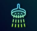 Glowing neon line Shower head with water drops flowing icon isolated on black background. Vector