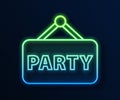 Glowing neon line Signboard party icon isolated on blue background. Vector