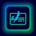 Glowing neon line Signed document line icon isolated on black background. Pen signing a contract with signature. Edit Royalty Free Stock Photo