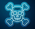 Glowing neon line Skull on crossbones icon isolated on blue background. Happy Halloween party. Vector Royalty Free Stock Photo